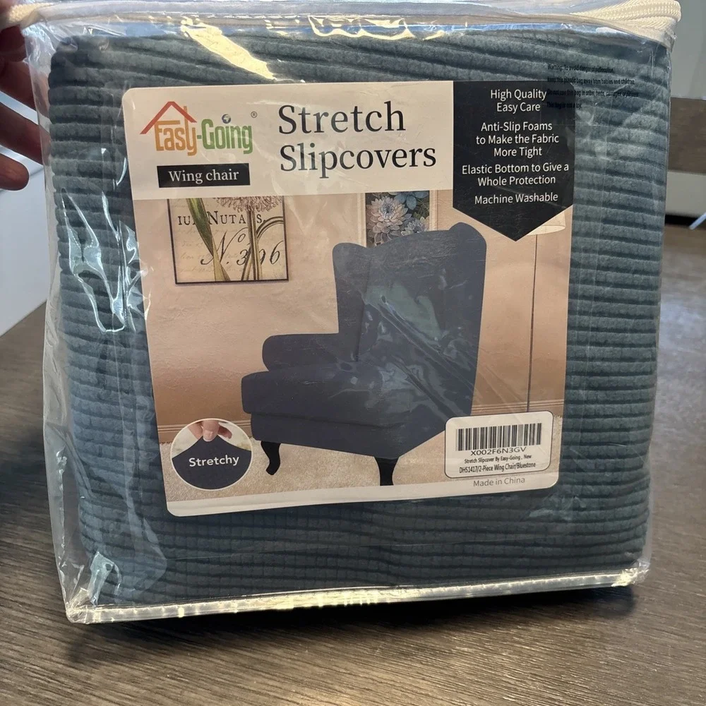 Easy-Going Stretchy Textured Slipcover for Wing Chair 2 Pc Bluestone